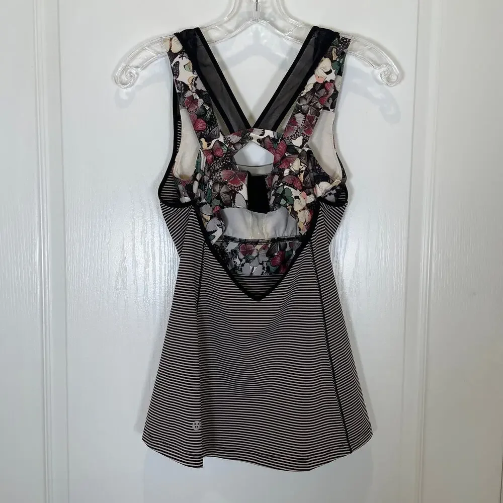Lululemon Super Sport Tank‎ Top Built in Bra Striped Butterfly Print 6
